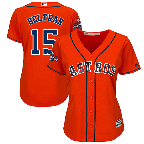 Astros #15 Carlos Beltran Orange Alternate World Series Champions Women's Stitched MLB Jersey